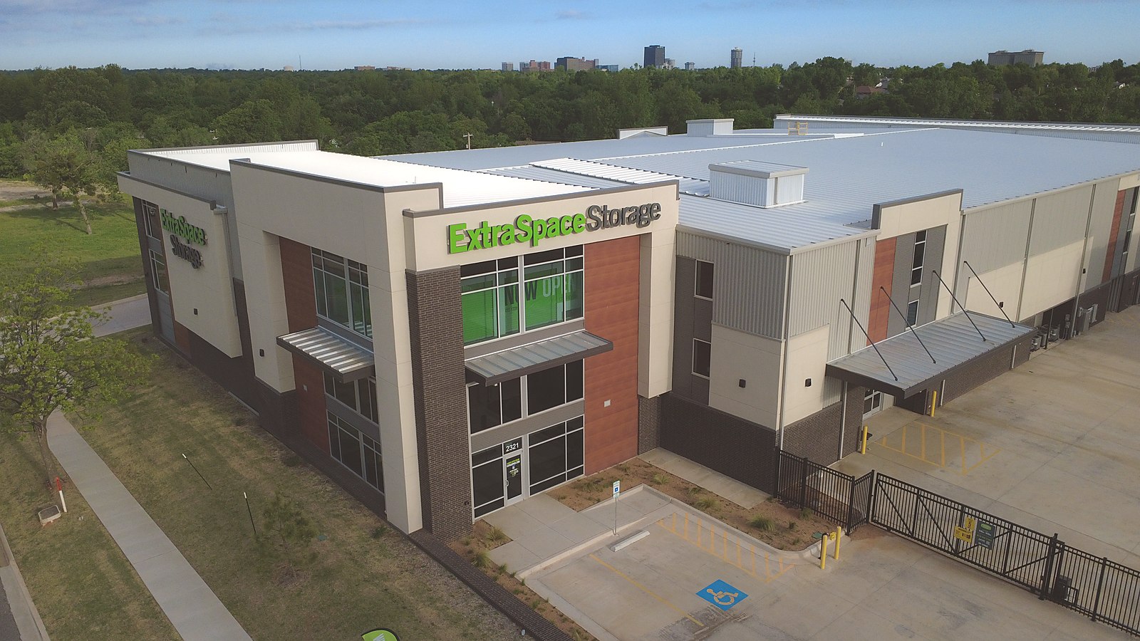 Extra Space Storage facility, 2321 NW 40th Street, Oklahoma City — aerial view with skyline